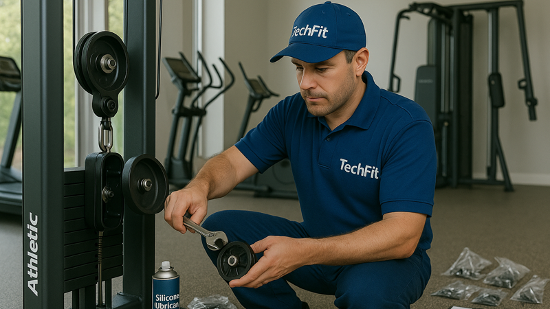 Técnico (substituir) consertando equipamento de musculação em academia