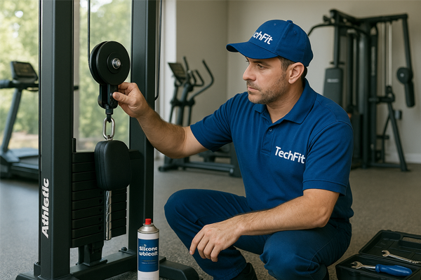 Equipe TechFit (substituir) realizando manutenção em academia de condomínio